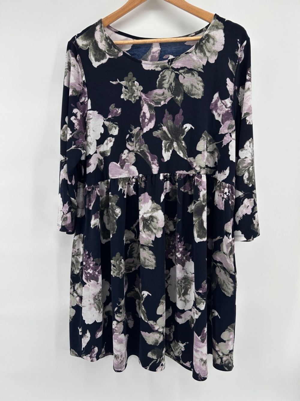 Floral Babydoll Tunic Dress in Navy with Lilac and Olive Womens Sz 2X W/Pockets